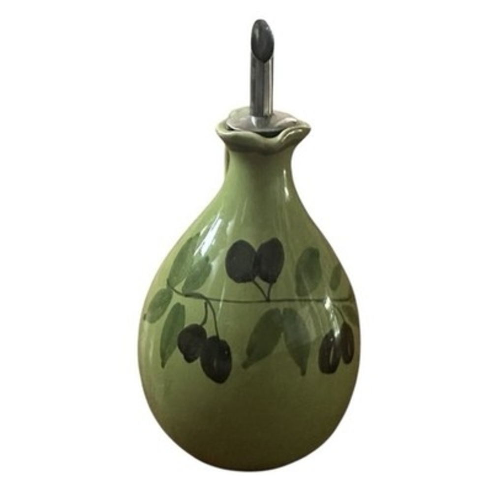Vintage Artisan Italy Hand Painted Ceramic Olive Oil Jug 500mL 6.5" Green Olive